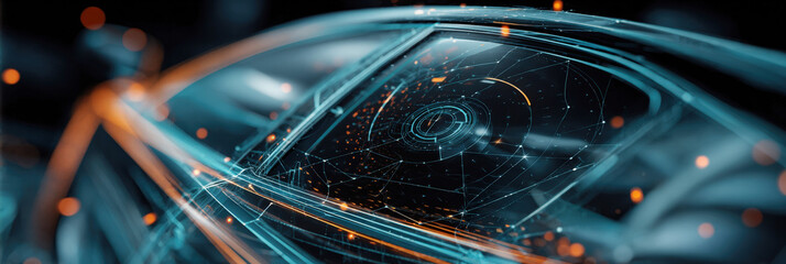 Futuristic Autonomous Car Interface Concept with Digital Head-up Display on Glass Windshield and Glowing Orange Light Streaks, Advanced Smart Vehicle Technology Visualization for Automotive Industry