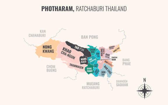 Map showing Photharam District Ratchaburi Thailand divided into sub districts with minimalist colorful patterns