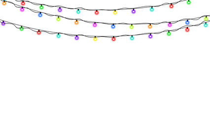 Glowing colorful string lights hanging freely, isolated element for creative layouts and visual compositions