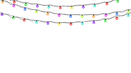 Glowing colorful string lights hanging freely, isolated element for creative layouts and visual compositions