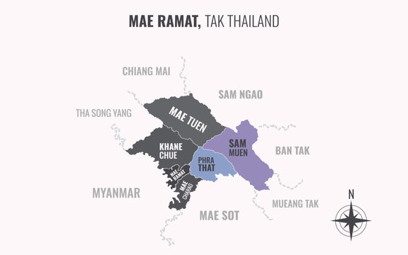 Map showing Mae Ramat District Tak Thailand divided into sub districts with minimalist colorful patterns