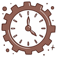 Clock face inside of a cogwheel with a brown color scheme and simple design.