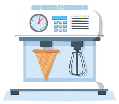 Cartoon ice cream machine with waffle cone and timer illustration