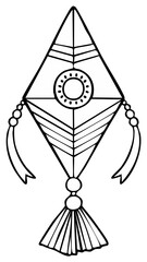 Black and white decorative kite illustration, isolated graphic design element.