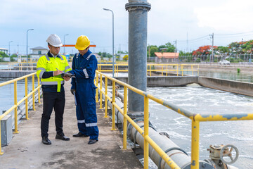 Environmental engineers work at wastewater treatment plants,Water supply engineering working at Water recycling plant for reuse,Technicians and engineers discuss work together.