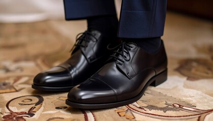 Polished black dress shoes on a patterned floor