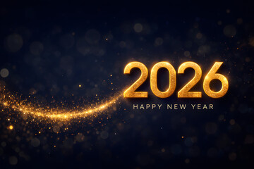 Elegant 2026 New Year celebration background featuring glowing gold numerals with a luxury clock at midnight, symbolizing the countdown to the New Year. Black background with sparkling golden particle