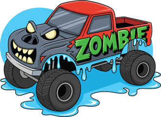 Cartoon zombie monster truck, horror vehicle, glowing eyes, stitched face, dripping letters, scary design, oversized tires, kids illustration, undead theme © Creative Art