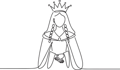 medieval historical european monarch princess queen. Beautiful queen with long hair and crown on head.one line vector illustration with out background. © Misho x Mamun