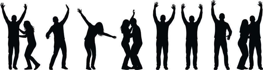 Black silhouettes of happy men and women cheering and dancing with hands up, symbolizing celebration, freedom, energy, and success, isolated on white background