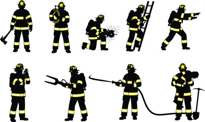Collection of fire rescue worker silhouettes in various action poses with essential safety equipment, flat vector graphic illustration, emergency services hero team on white background