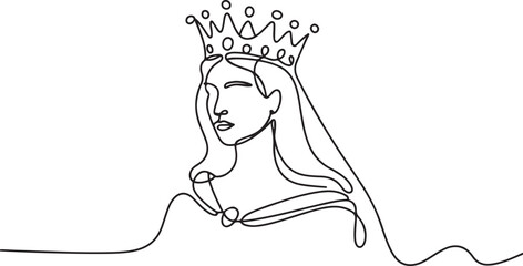 medieval historical european monarch princess queen. Beautiful queen with long hair and crown on head.one line vector illustration with out background. © Misho x Mamun