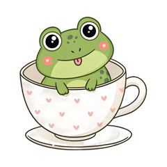Friendly frog in a heart-themed tea cup