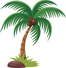Cartoon coconut palm tree, tropical beach plant, curved trunk, green fronds, coconuts cluster, nature illustration, summer vibe, island vegetation