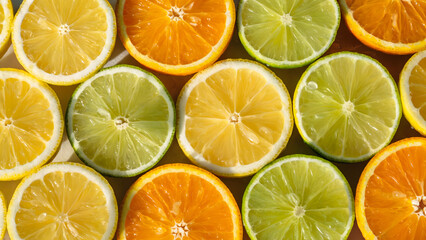 Obraz premium fresh citrus fruit slices background, orange lemon and lime pattern texture, juicy healthy summer food wallpaper, top view vitamin c concept.