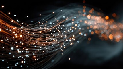 Obraz premium Fiber optic cables and advanced network hardware visualizing high-speed internet infrastructure enabling reliable connectivity for remote work and cloud computing