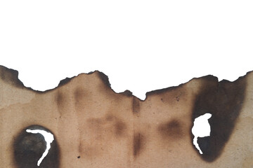 Distressed burned paper texture with jagged edges and charred holes for an aged effect isolated on transparent background