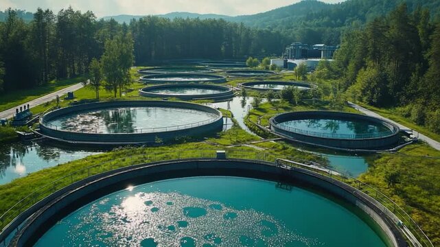 Sustainable Water Treatment: Aerial view of a modern water treatment facility. Circular tanks containing purified water reflect the serene sky.