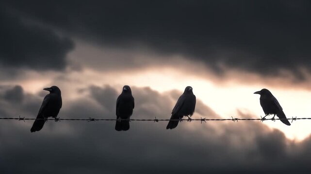 Four silhouetted birds perched on barbed wire beneath a moody stormy sky stark against dark clouds!!