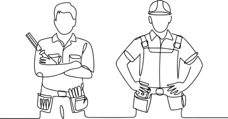 Set of builder with screwdriver in a work uniform, electrician, handyman, hard hat one line art.one line vector illustration with out background.