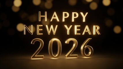Golden Happy New Year 2026 text with bokeh lights