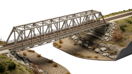 Intricate miniature scale model of a train truss bridge spanning a detailed dry riverbed within a meticulously crafted model railroading landscape