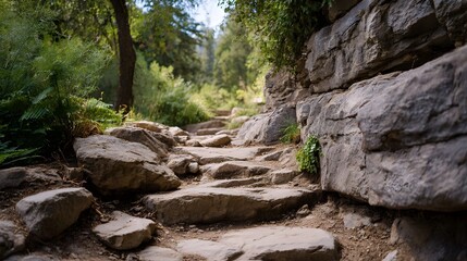 A winding stone pathway ascends through a rugged green natural landscape with large rock formations and dense vegetation