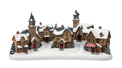 Charming miniature winter wonderland village with snow-covered houses, quaint church, and festive evergreen trees, evoking holiday spirit and seasonal cheer