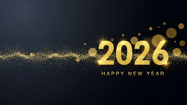 Happy New Year 2026 Luxury Gold Glitter Banner with Sparkling Numbers on Dark Gradient Background