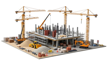 3D illustration of a construction site, featuring multiple cranes, heavy machinery, and a building framework, symbolizing urban development and progress