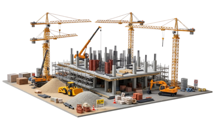 3D illustration of a construction site, featuring multiple cranes, heavy machinery, and a building framework, symbolizing urban development and progress