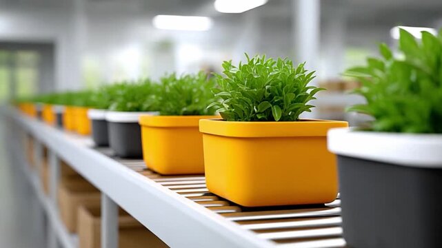 Greenery Array: A row of vibrant potted plants line an industrial conveyor belt, showcasing an efficient ecosystem, embodying growth and renewal.