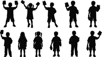 Children reading silhouette set with twelve expressive poses holding books for education, literacy, and learning themes.