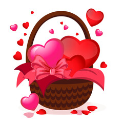 a basket with red and pink hearts without a background