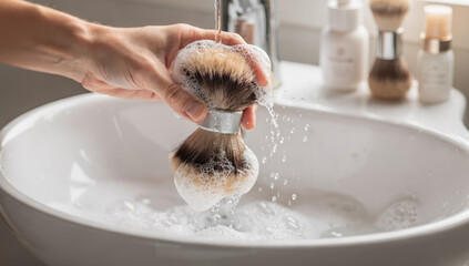Close-up of a hand cleaning a shaving brush under running water. Grooming tool maintenance with soap foam in a white sink