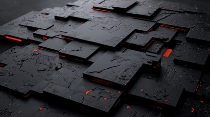 Abstract digital art of layered, textured dark grey squares with hints of vibrant orange glow beneath