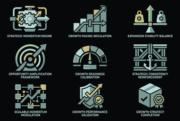 Business growth strategy icons for corporate success and development