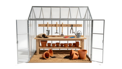 A pristine miniature greenhouse interior, featuring a detailed wooden workbench, an array of gardening tools, loose soil, and terracotta pots, representing horticultural hobbies and growth