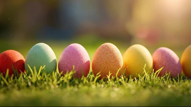 Row of Colorful Painted Easter Eggs on Green Grass in Sunny Spring Garden Outdoors