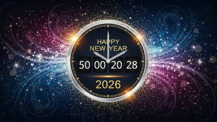 Happy New Year 2026 Countdown Clock on Festive Sparkling Background with Stars and Swirls