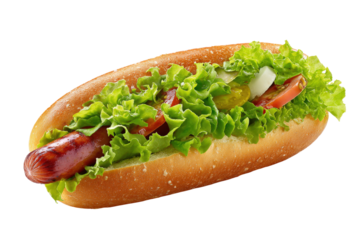 A hot dog with lettuce and tomato on a bun, isolated on a transparent background
