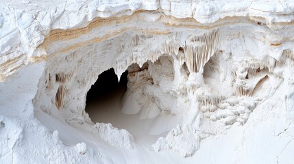 A sculpted white cave with layered textures and shadowy interior, resembling a natural formation. Stalactites