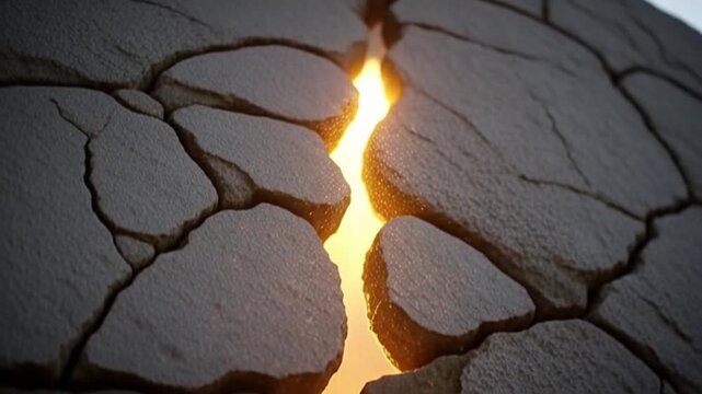 Breakthrough in Stone: A striking macro perspective highlights the intricate details of two split rock fragments with a ray of warm light, symbolizing revelation or new beginnings. 