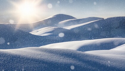 Snowy Winter Landscape With Sunlight Shining Over Rolling Hills And Falling Snowflakes In A Serene Setting