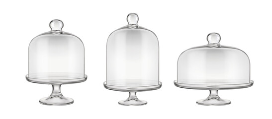 3d realistic vector icon illustration. Set of transparent glass cloche, cake stands isolated on white background.