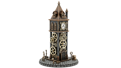 Intricate Steampunk Style Clock Tower Miniature Sculpture, Adorned with Mechanical Gears and Keys, a Unique Vintage-Inspired Decorative Home Accent Piece