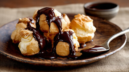 A dynamic close-up action shot of thick, glossy dark chocolate sauce being poured over a stack of golden choux pastry profiteroles filled with cream, served on a textured rustic ceramic plate.