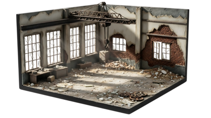 Ruined industrial interior miniature diorama. Crumbling brick walls, broken windows, gantry crane, and scattered debris evoke urban decay and abandonment