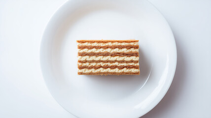 A clean and bright high-angle flat lay of a rectangular slice of French Mille-Feuille, showing distinct alternating layers of crisp puff pastry and smooth vanilla pastry cream