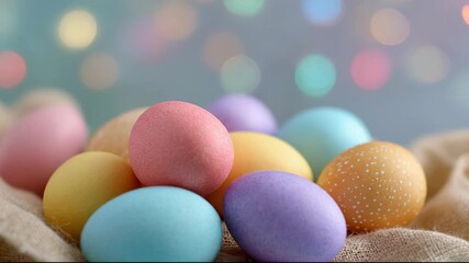 Zoom in on colorful pastel Easter eggs on burlap sack with festive bokeh lights background